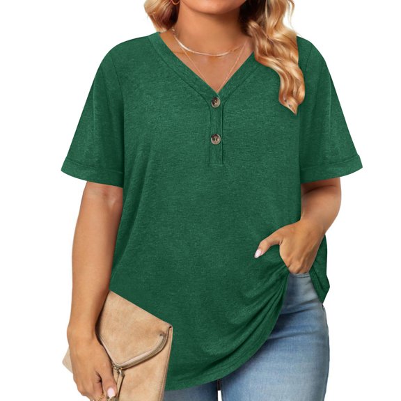 Daily ,Plus Size Summer Tops for Curvy Women Cotton,Cadancy V Neck Tunic Button Shirts Dressy Casual,Loose Fit Short Sleeve Tees Color Blouses Casual,Fourth of July Gifts Green 2X