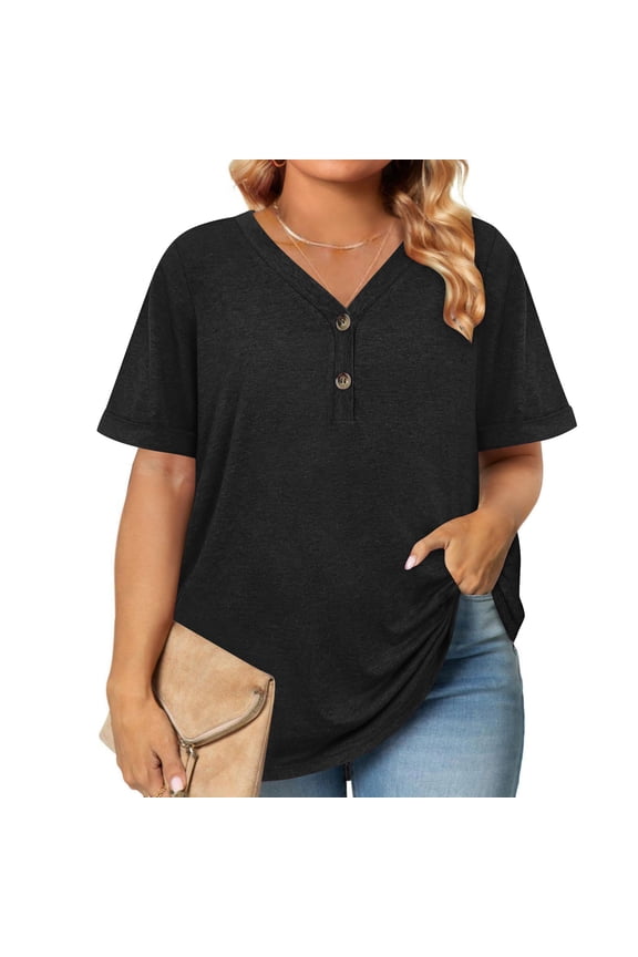 Daily ,Plus Size Summer Tops for Curvy Women Cotton,Cadancy V Neck Tunic Button Shirts Dressy Casual,Loose Fit Short Sleeve Tees Color Blouses Casual,Fourth of July Gifts Black 2X