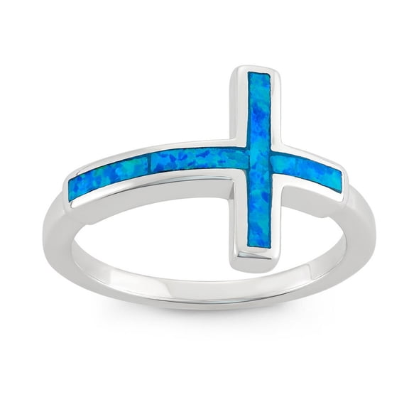 Daily Delight TheJewelryHut Designer Sterling Silver Blue Inlay Opal Cross Ring