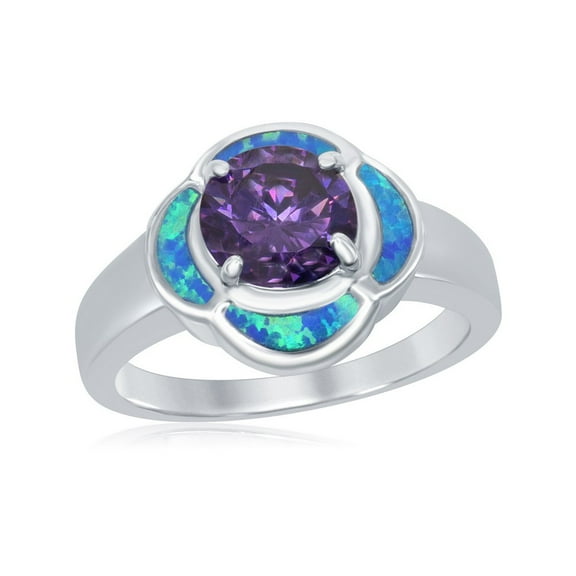 Daily Delight TheJewelryHut Designer Sterling Silver Blue Inlay Opal Flower with Center Amethyst Ring