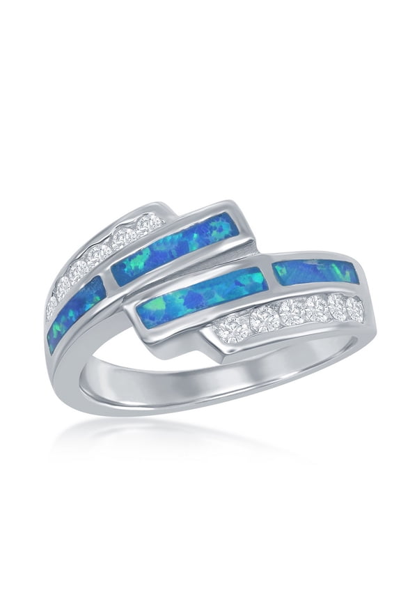 Daily Delight TheJewelryHut Designer Sterling Silver Blue Inlay Opal and CZ Overlapping Ring