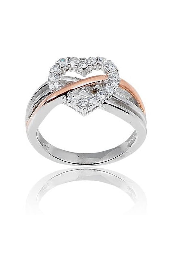 Daily Delight TheJewelryHut Designer Sterling Silver CZ Center Heart w/ Rose Gold Plated and Silver Lines Through Ring