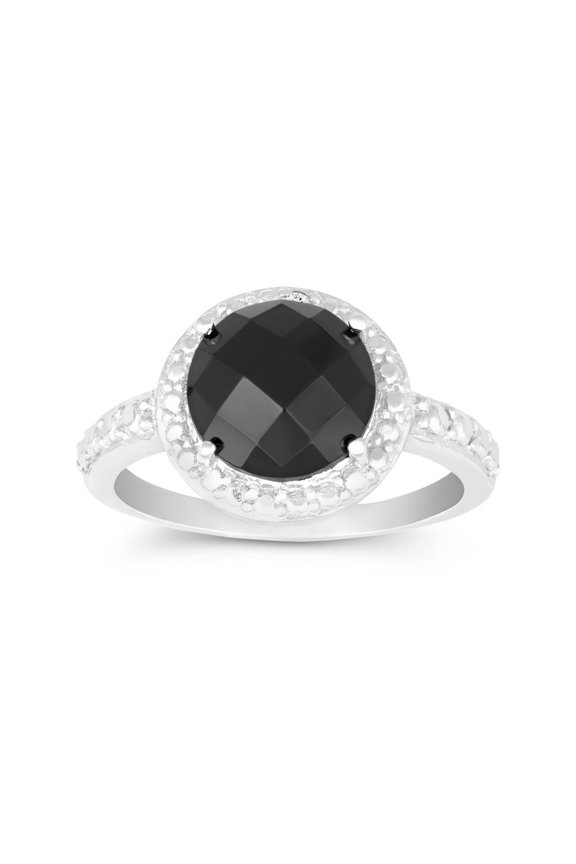 Daily Delight TheJewelryHut Designer Sterling Silver Diamond Border with Center Round Stone Ring - Onyx