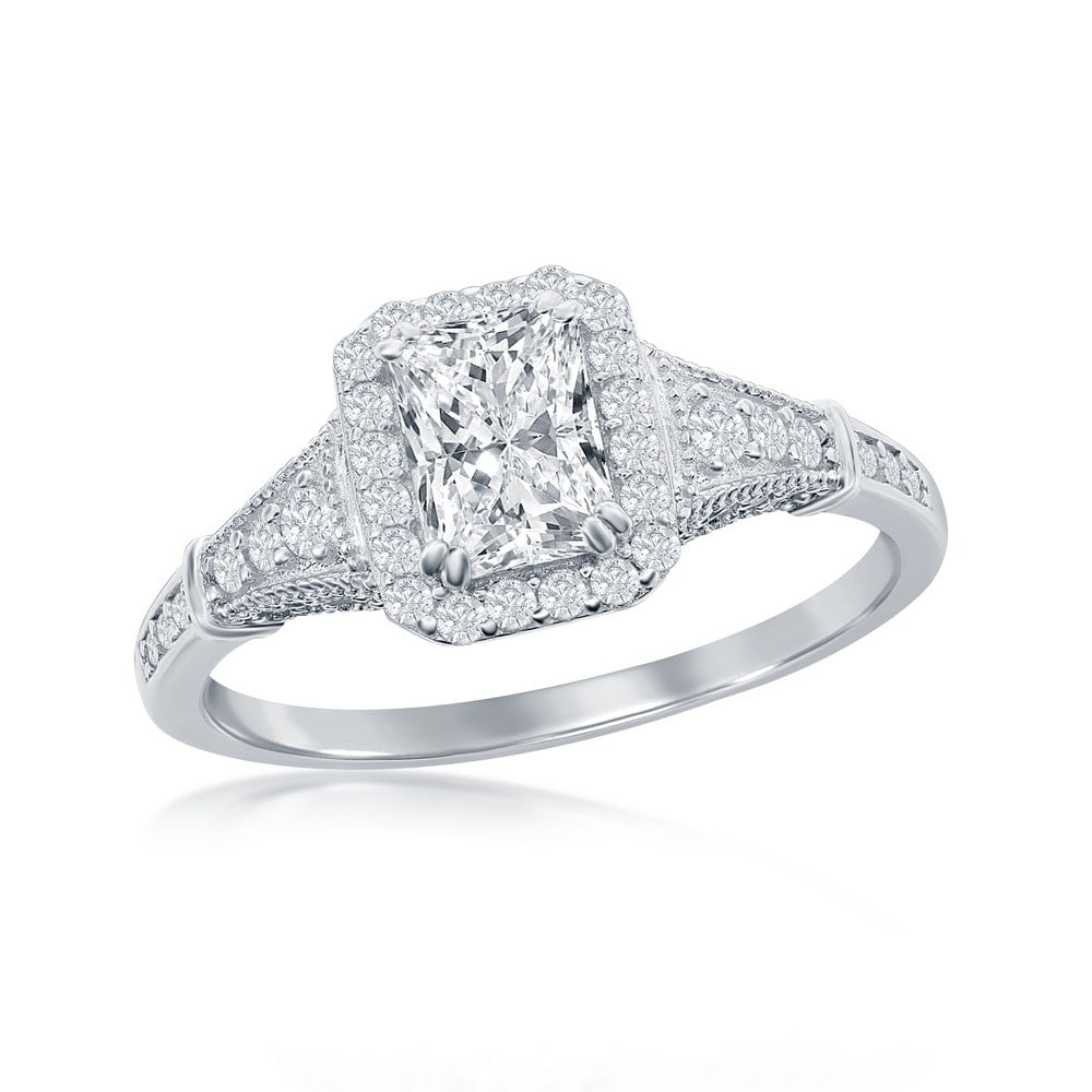 Classic Emerald Cut Engagement Ring In Sterling Silver