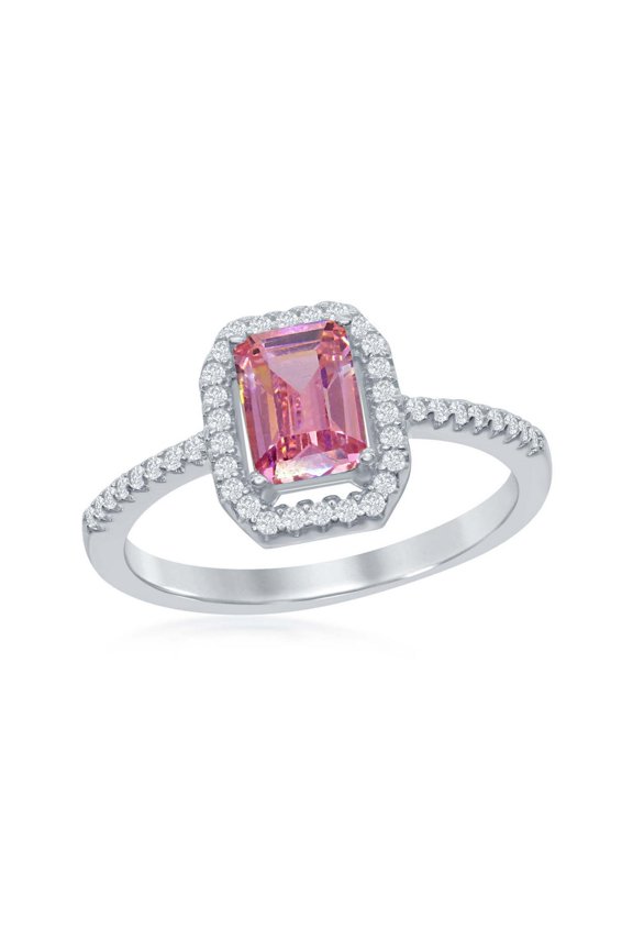 Daily Delight TheJewelryHut Designer Sterling Silver Emerald-Cut Pink CZ with CZ Border Ring