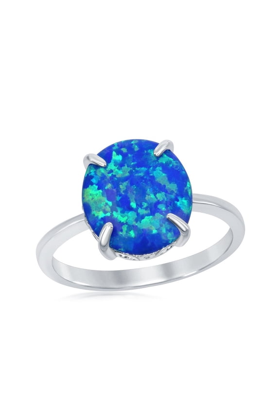 Daily Delight TheJewelryHut Designer Sterling Silver Four-Prong Blue Inlay Opal Oval Ring