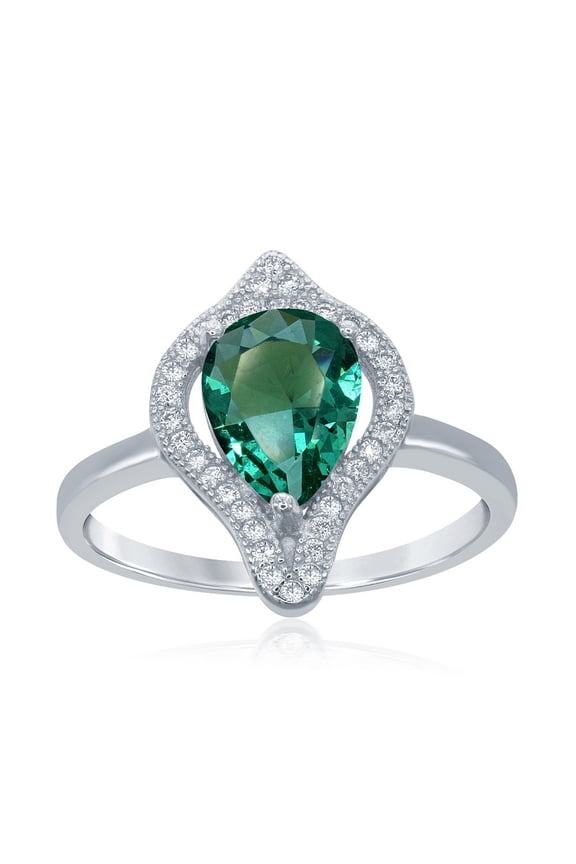 Daily Delight TheJewelryHut Designer Sterling Silver Large Teardrop Simulated Emerald with CZ Border Ring