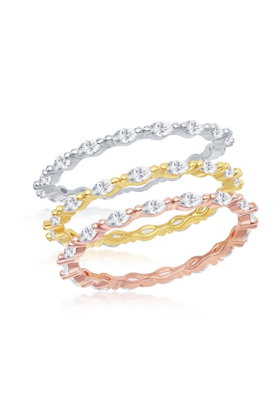 Daily Delight TheJewelryHut Designer Sterling Silver Marquise CZ 2mm Eternity Triple Band Ring - Tri Color