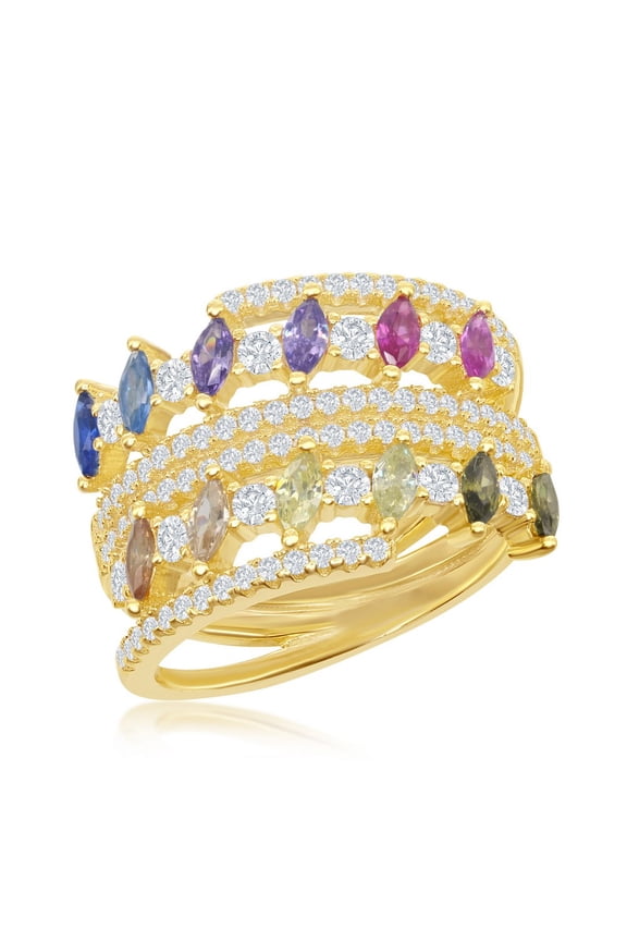 Daily Delight TheJewelryHut Designer Sterling Silver Multi-Color Marquise CZ Double Ring - Gold Plated