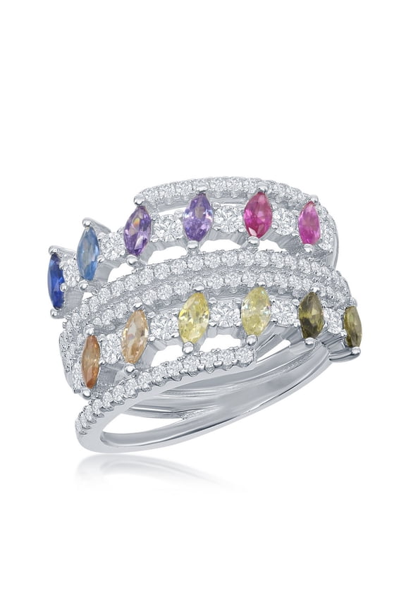 Daily Delight TheJewelryHut Designer Sterling Silver Multi-Color Marquise CZ Double Ring