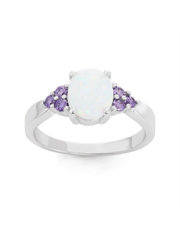 Daily Delight TheJewelryHut Designer Sterling Silver Oval White Inlay Opal with Amethyst CZ Sides Ring