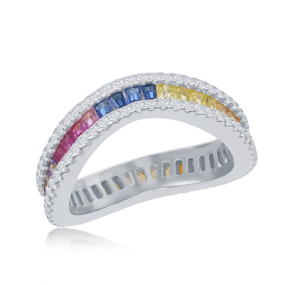 Daily Delight TheJewelryHut Designer Sterling Silver Rainbow Baguette CZ with Clear CZ Border Wavy Ring