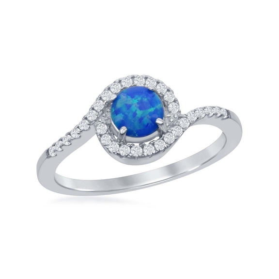 Daily Delight TheJewelryHut Designer Sterling Silver Round Blue Inlay Opal with Half CZ Border Ring