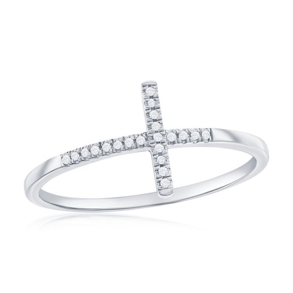 Daily Delight TheJewelryHut Designer Sterling Silver Sideways Cross Diamond Ring - (21 Stones)