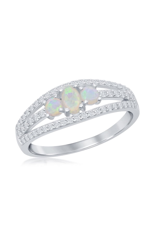 Daily Delight TheJewelryHut Designer Sterling Silver Three-Stone White Opal Open CZ Band Ring