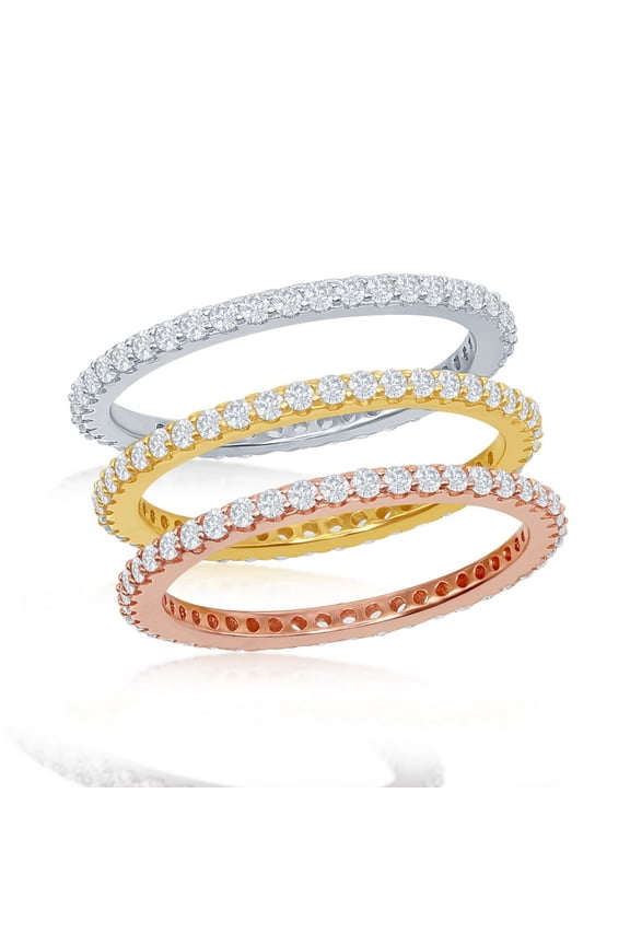 Daily Delight TheJewelryHut Designer Sterling Silver Tri-Color Prong Clear CZ 1.5mm Eternity Triple Band Ring