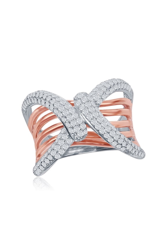 Daily Delight TheJewelryHut Designer Sterling Silver Two-Tone Overlapping Micro Pave with Wavy Bars Design Ring