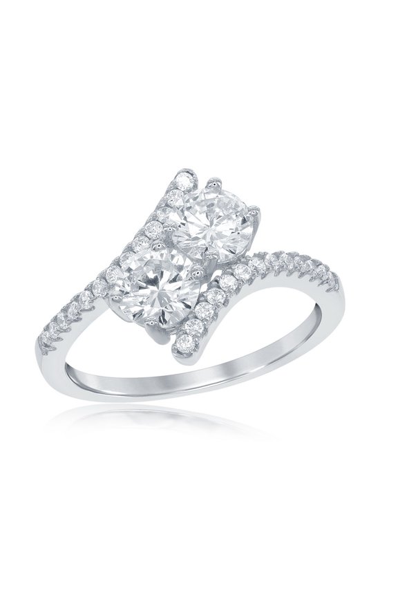 Daily Delight TheJewelryHut Designer Sterling Silver "Us2gether" Two-Stone CZ with CZ Overlapping Ring