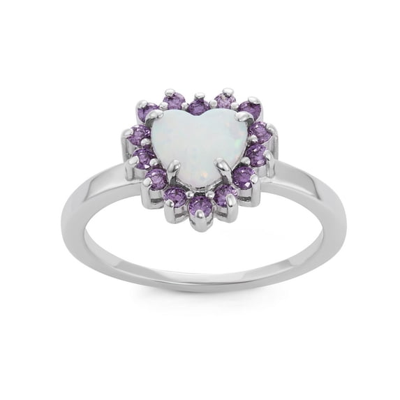 Daily Delight TheJewelryHut Designer Sterling Silver White Inlay Opal Heart with Amethyst CZ Border Ring