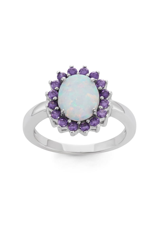 Daily Delight TheJewelryHut Designer Sterling Silver White Inlay Opal Oval with Amethyst CZ Border Ring
