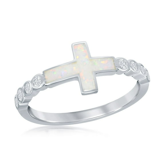 Daily Delight TheJewelryHut Designer Sterling Silver White Inlay Opal Sideways Cross Half CZ Band Ring