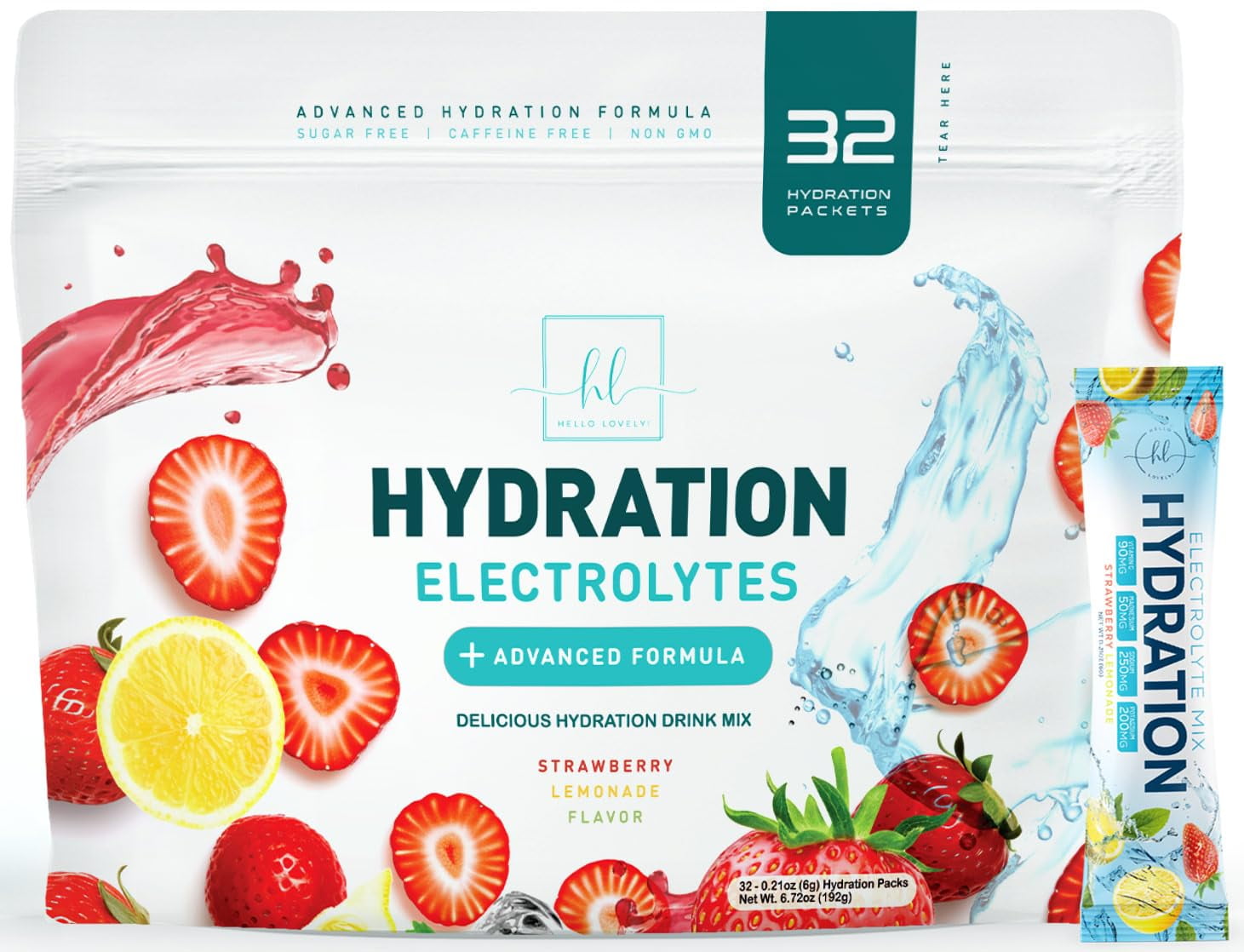 Electrolytes Hydration Packets - Sugar Free, Keto Recovery Powder with Potassium, Magnesium, Sodium, Zinc & Vitamin C, Best Electrolyte Drink Mixes, Vegan & Gluten-Free, Strawberry Lemon (32 Pack)