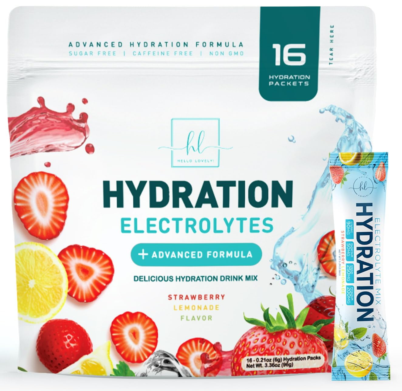 Electrolytes Hydration Packets - Sugar Free, Keto Recovery Powder with Potassium, Magnesium, Sodium, Zinc & Vitamin C, Best Electrolyte Drink Mixes, Vegan & Gluten-Free, Strawberry Lemon (16 Pack)