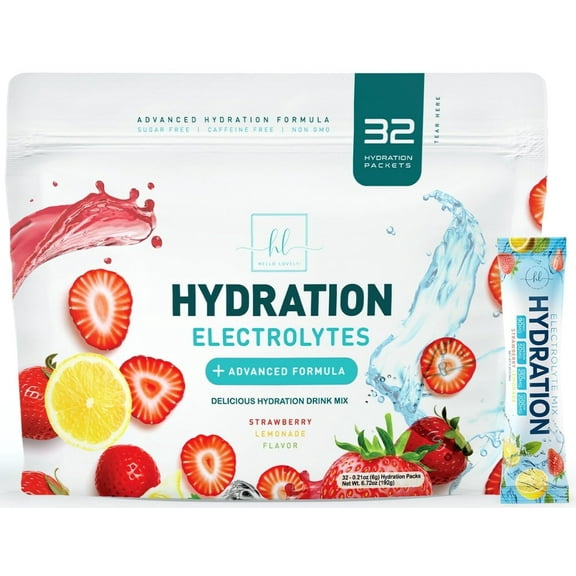 Electrolytes Powder Packets - Sugar-Free Electrolyte Packets for Fast Hydration & Recovery Support - High Impact Electrolyte Powder Drink Mix with Vitamin C - Tasty Strawberry Lemon Flavor (32 Pack)