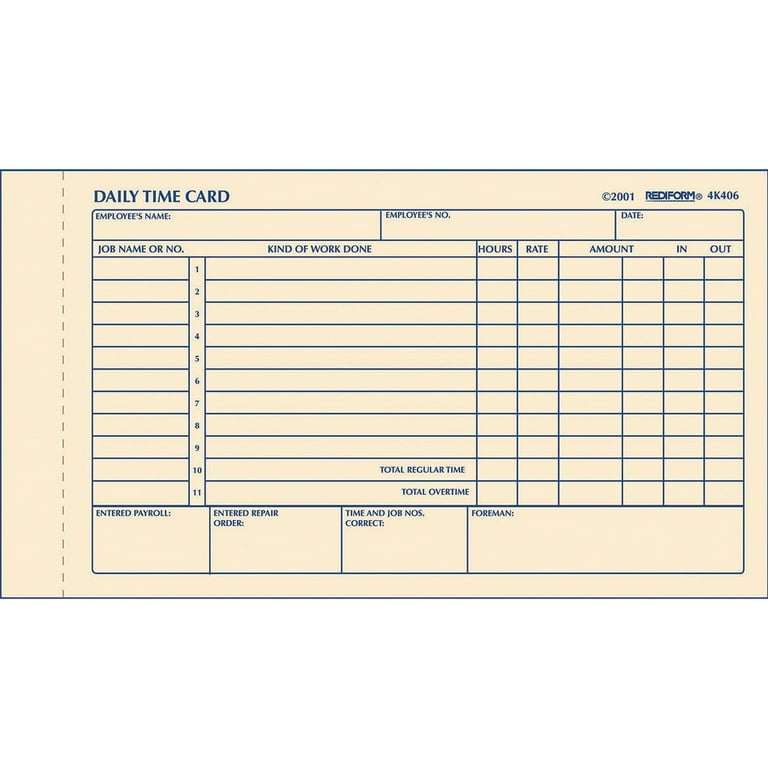 Daily Employee Time Cards, Two Sides, 4.25 x 7, 100/Pad Daily Employee Time Cards, Two Sides, 4.25 x 7, 100/Pad