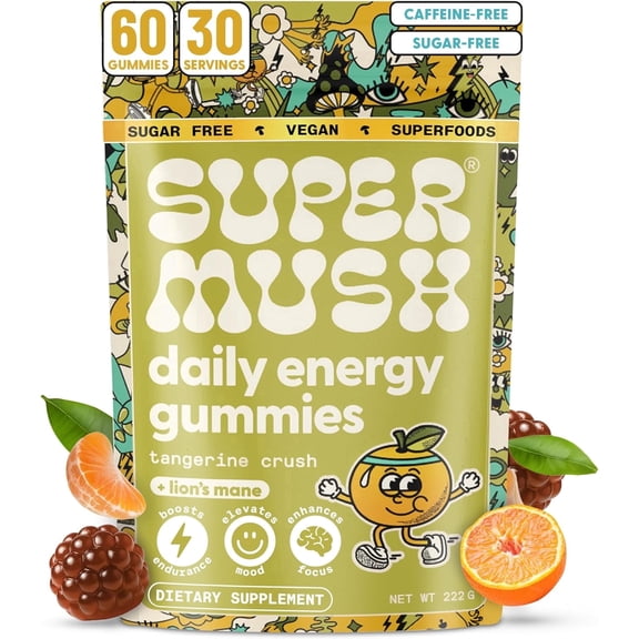 Supermush Daily Energy Mushroom Gummies - Organic Lion's Mane & Cordyceps for Energy, Focus, Stress Reduction - Vegan, Sugar Free Nootropic Supplement (60 Count)