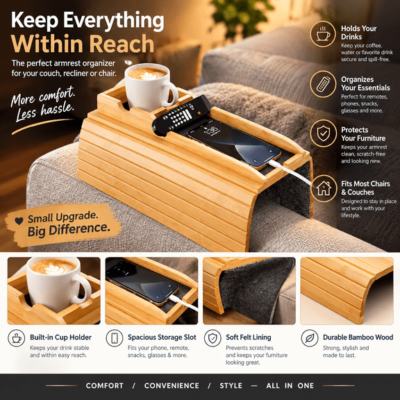 Bamboo Sofa Arm Tray Table with Detachable Couch Cup Holder - Fit for 4.5 Inches Wide Arms, Foldable Nonslip Sofa Armrest Tray for Drink