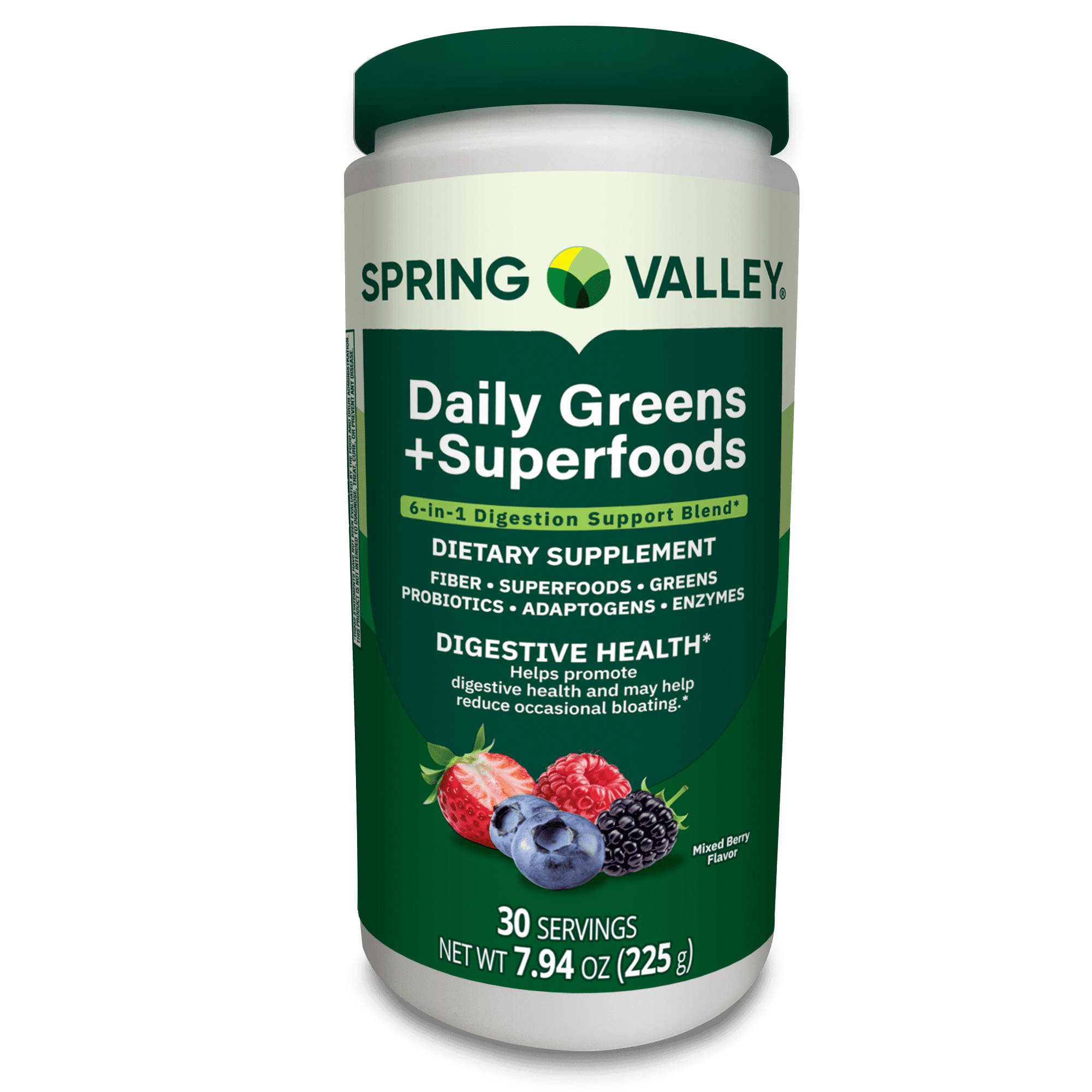 Spring Valley Daily Greens + Super Foods Digestive Health Dietary Supplement, Mixed Berry Flavor, 30 Servings, 7.94 oz