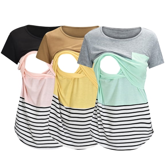 Daily Home Mom Clothes Womens Maternity Short Sleeve Crew Neck Striped Printed Nursing Tops T Shirt For Breastfeeding 3 Pack