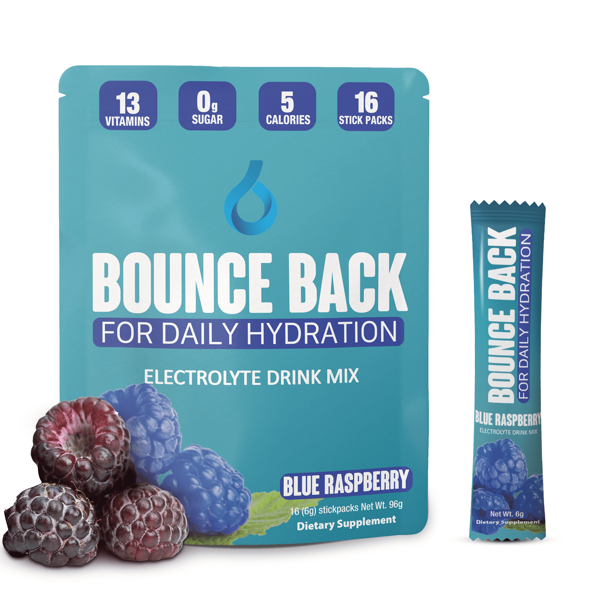 Daily Hydration - Electrolyte Powder Packets - No Sugar- 5 Calories, Organic, All in One Vitamin Stick - Blue Raspberry 16 Stick Packs