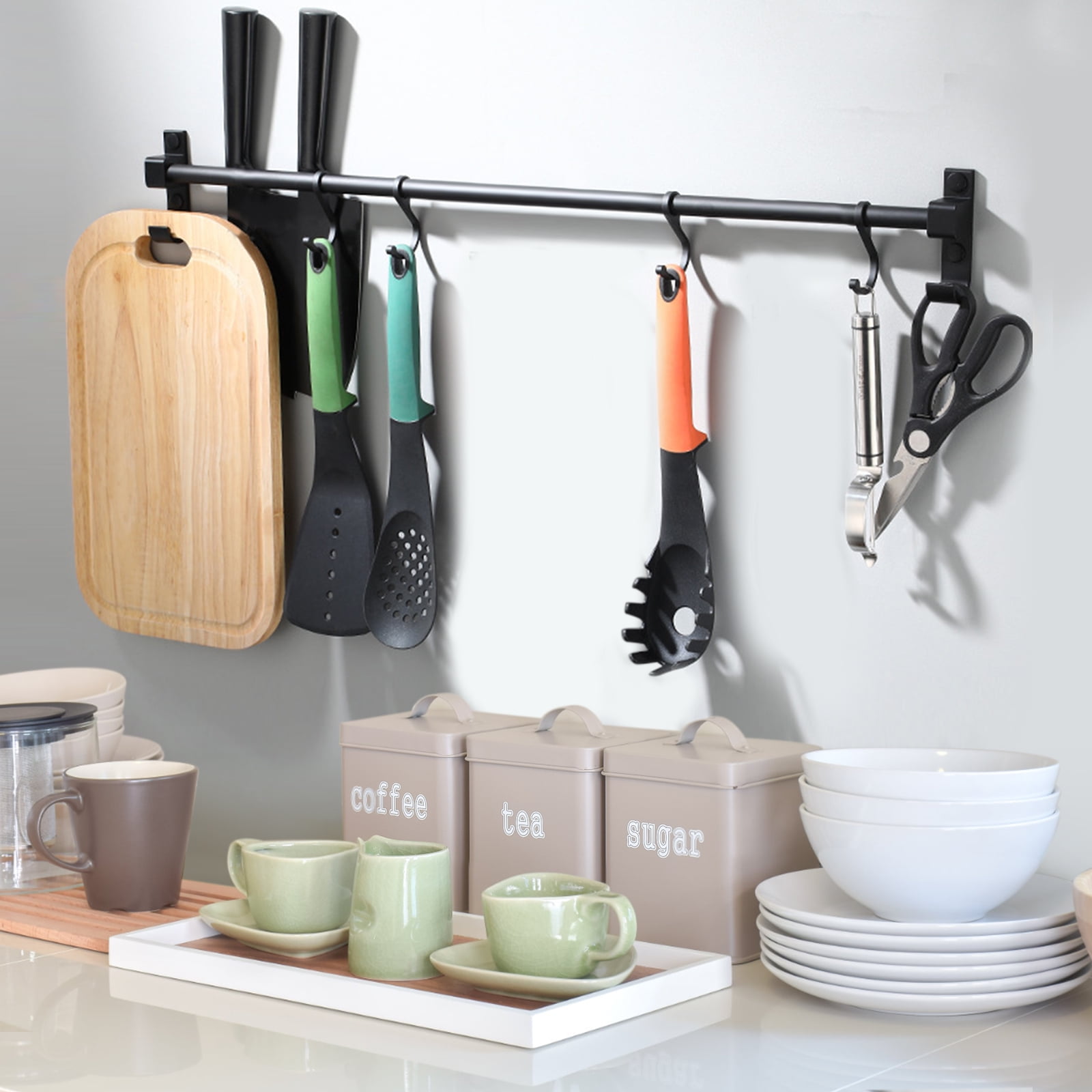 Daily Kitchen Utensils Holder Kitchen Rack Wall Mounted Kitchen Rail With S Hooks For Hanging Self Adhesive 19.68in Walmart