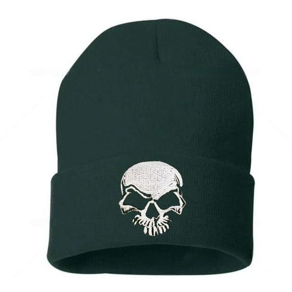 Daily Knited Plain Beanie - Stay Warm Stylish Stretchy Soft Beanie Hats for Men and Women, 12 inch, Dark Green / White Skull