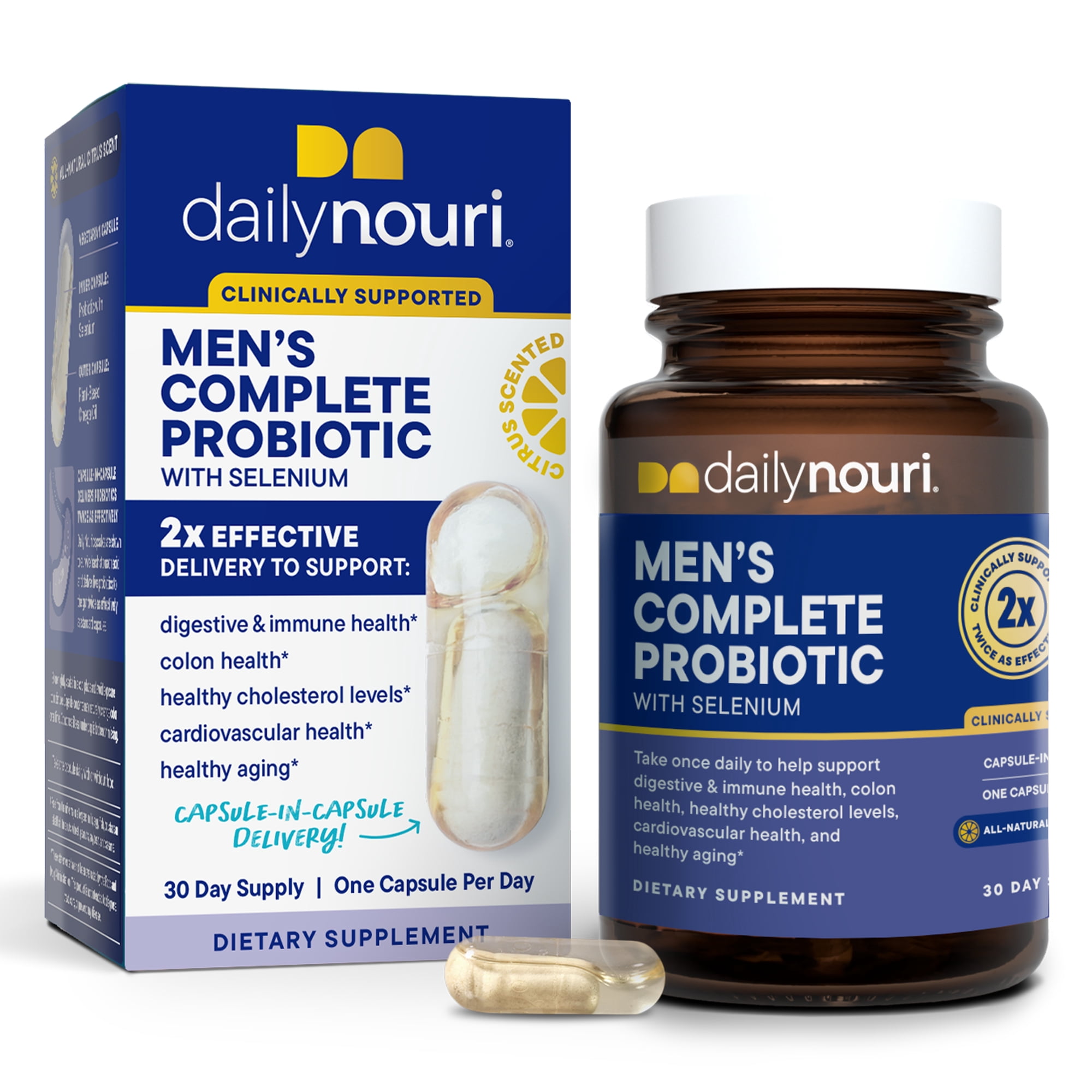 Daily Nouri Men’s Complete Probiotic | Supports Digestion, Immunity, Colon Health, Cardiovascular Function, Cholesterol | 5 Clinically Studied Strains + Selenium & Omega
