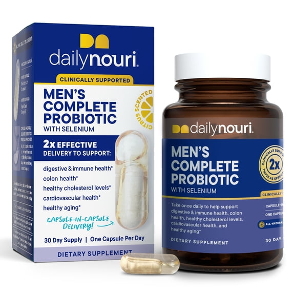 Daily Nouri Mens Complete Probiotic | Supports Digestion, Immunity, Colon Health, Cardiovascular Function, Cholesterol | 5 Clinically Studied Strains + Selenium & Omega