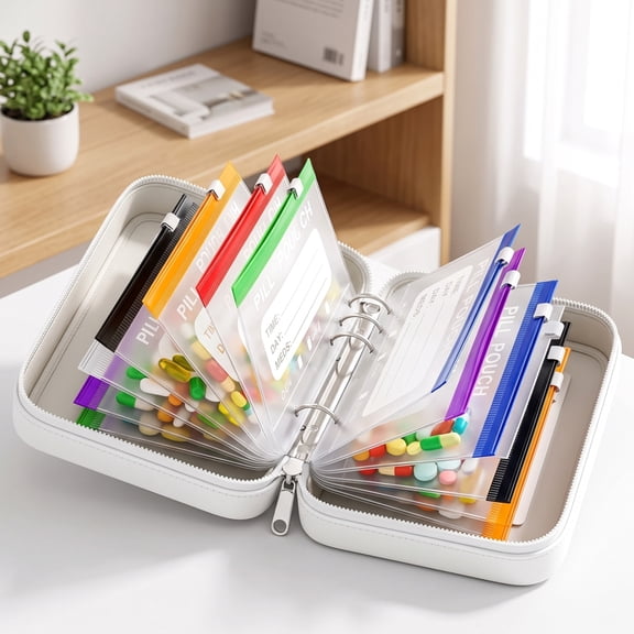 Daily Pill Organizer, 14 Color Coded Zipper Pouches, Portable Medication Storage Binder