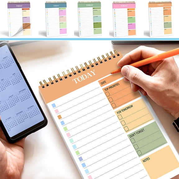 Daily Planner Notebook A5 Spiral To Do List Pad 8.66x5.51in, 52 Sheets, PVC Cover, Sticky Notes, Portable Schedule Organizer, Orange Pink Green Blue Purple