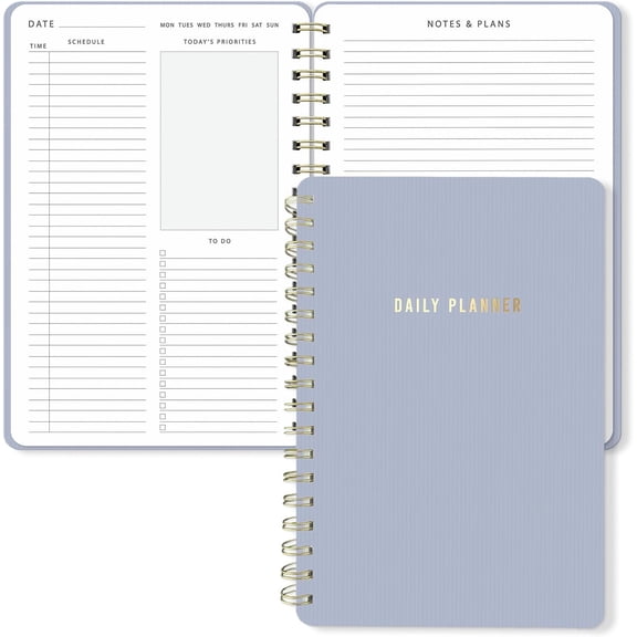 Daily Planner Notebook – Undated Two-Page Daily Layout with Hourly Schedule, To-Do List, Priorities, and Notes – 6.5" x 9.5" Spiral Bound Productivity Organizer – 160 Pages
