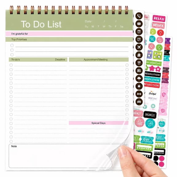 Daily Planner Notepad 8.5 x 10.6 with Clear Protective Cover & 205 Planner Stickers, Large To Do List Pad, Gold Spiral Bound, Daily Task Organizer for Work, Home & School