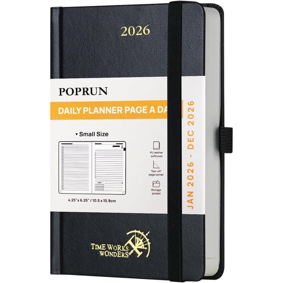 Daily Planner One Page Per Day A6 Size Calendar (4.25" x 6.25") 12 Month Hourly Appointment Book With Hardcover Monthly Tabs Pocket And Pen Holder Black