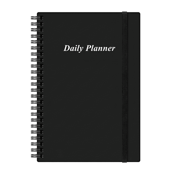 Daily Planner Undated, A5 To Do List Notebook, Hourly Schedule Planner 6am-8pm with Notes Section, Spiral Appointment Planner with Inner Pocket and Elastic Closure, For Women Men Office Home, Black