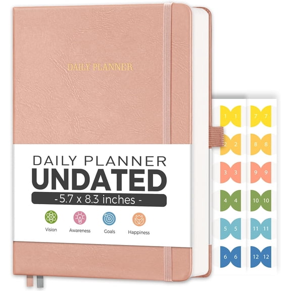 Daily Planner Undated, Appointment Book for Hourly, Daily and Monthly, 365 Days, One Page a Day, Medium Size (5.7" .3"), Leather Hardcover, 12 Self- Monthly Tabs ()