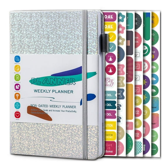 Daily Planner, Undated Planner, Task & To-do List, Schedule Organizer, A5 Size, With stickers-silvery