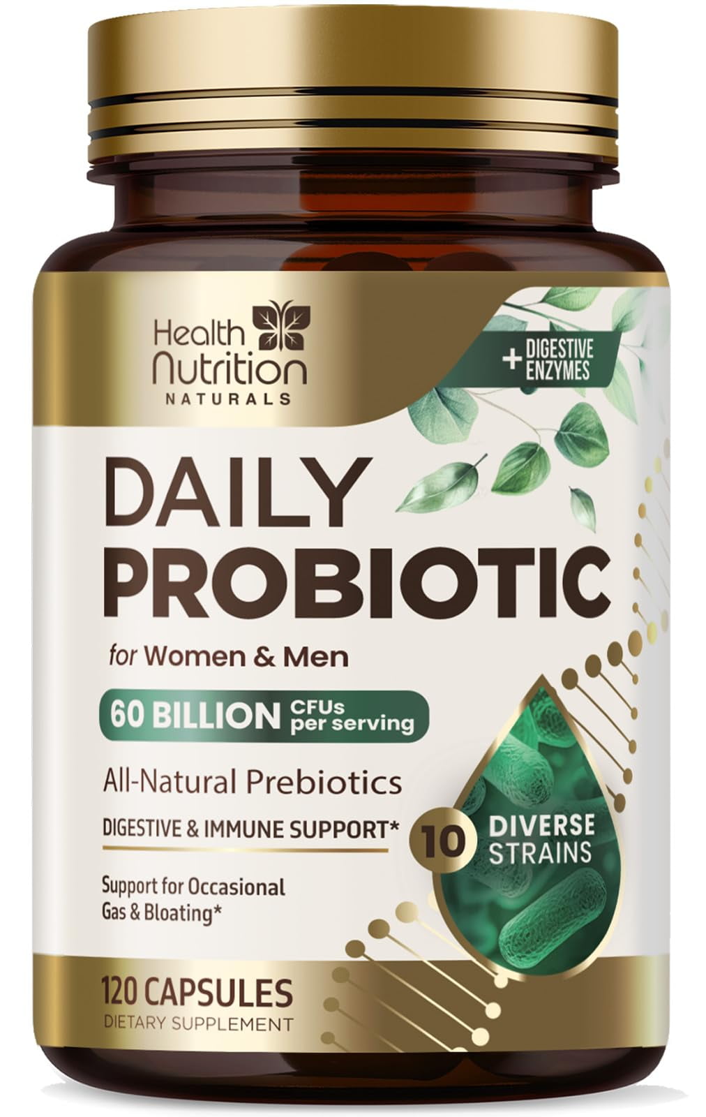 Probiotics 60 Billion CFU + 10 Strains - Daily Probiotic for Immune, Digestive & Gut Support, Prebiotics and Probiotics Supports Occasional Constipation, Gas & Bloating for Women & Men - 120 Capsules
