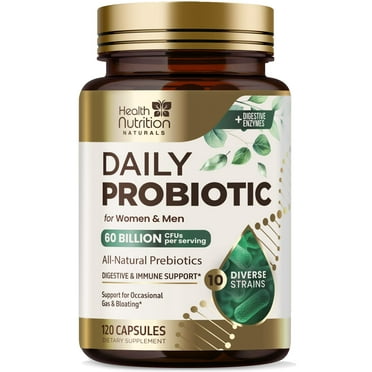 Probiotics 60 Billion CFU + 10 Strains - Daily Probiotic for Immune, Digestive & Gut Support, Prebiotics and Probiotics Supports Occasional Constipation, Gas & Bloating for Women & Men - 120 Capsules