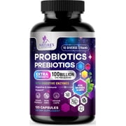 Probiotics 100 Billion CFU Per Serving - 10 Premium Strains + Prebiotics - Best Probiotic Supplement for Women & Men - Supports Immune, Digestive Health, Occasional Constipation & Gas - 120 Capsules