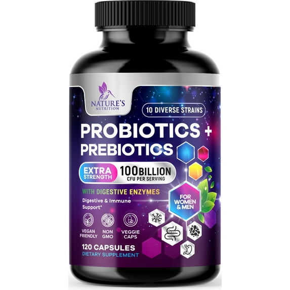 Probiotics 100 Billion CFU Per Serving - 10 Probiotic Strains & Prebiotics - Digestive Gut Health, Immune Support & Occasional Constipation, Gas & Bloating - Daily Supplement For Adults, 120 Capsules